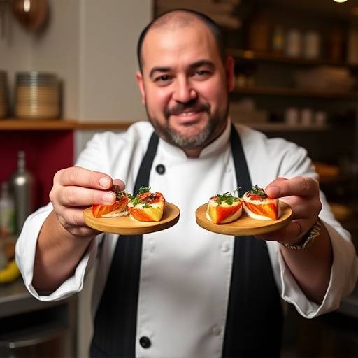 Retrato de Javier Morales, Chef y Asesor Culinario de Sabores de Espa&ntilde;a, un chef experimentado sosteniendo un plato de tapas.