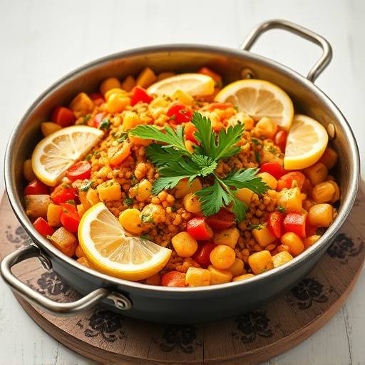 Una paella valenciana tradicional servida en una paellera, adornada con lim&oacute;n y perejil fresco.
