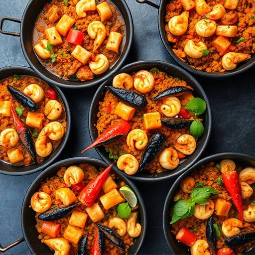 Una variedad de paellas, incluyendo paella de mariscos, paella mixta y paella negra, mostrando la diversidad de la cocina espa&ntilde;ola.